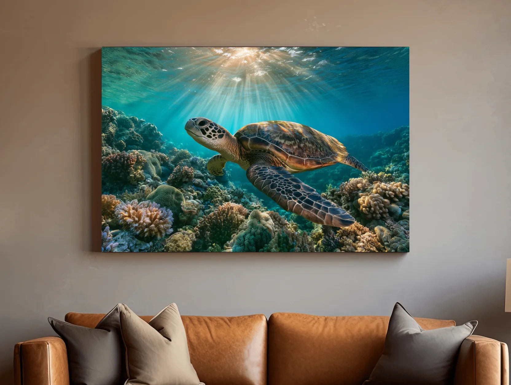 Sunlit Sea Turtle Coral Reef - Underwater Marine Life Photographic Artwork