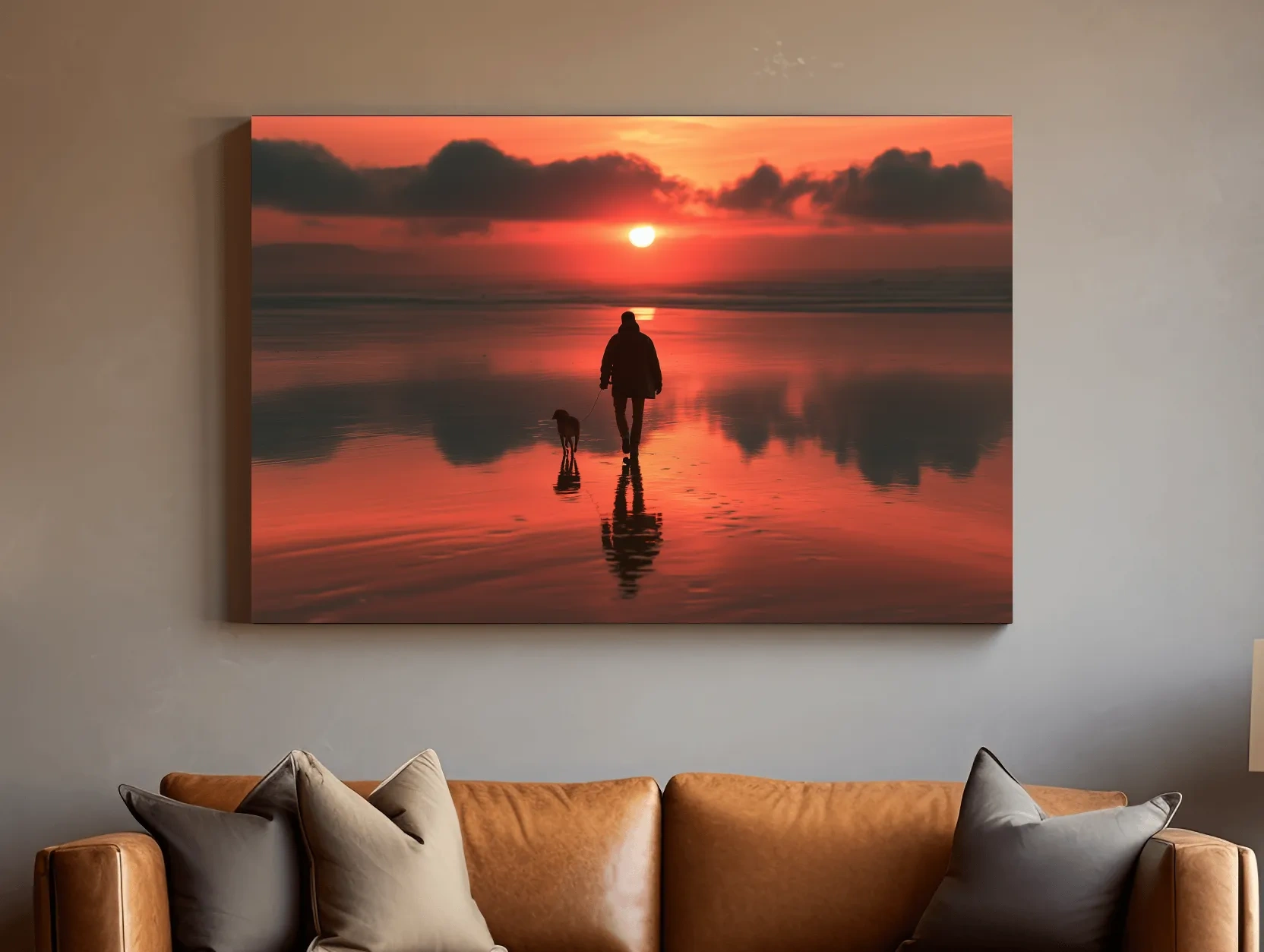 Surreal Dog Walker Silhouette - Misty Beach Sunset Photographic Wall Art