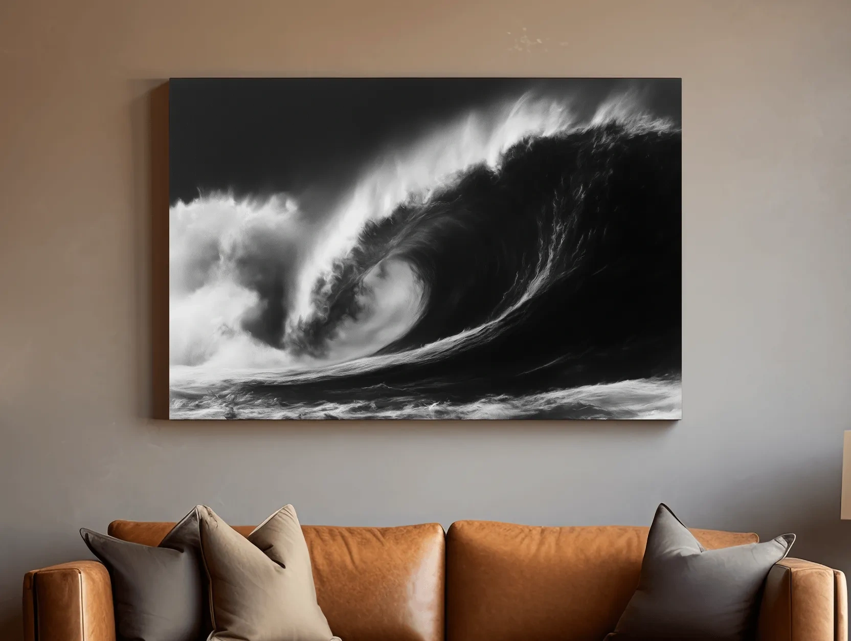 Abstract Curling Wave Drawing - Dramatic Monochrome Ocean Wall Art