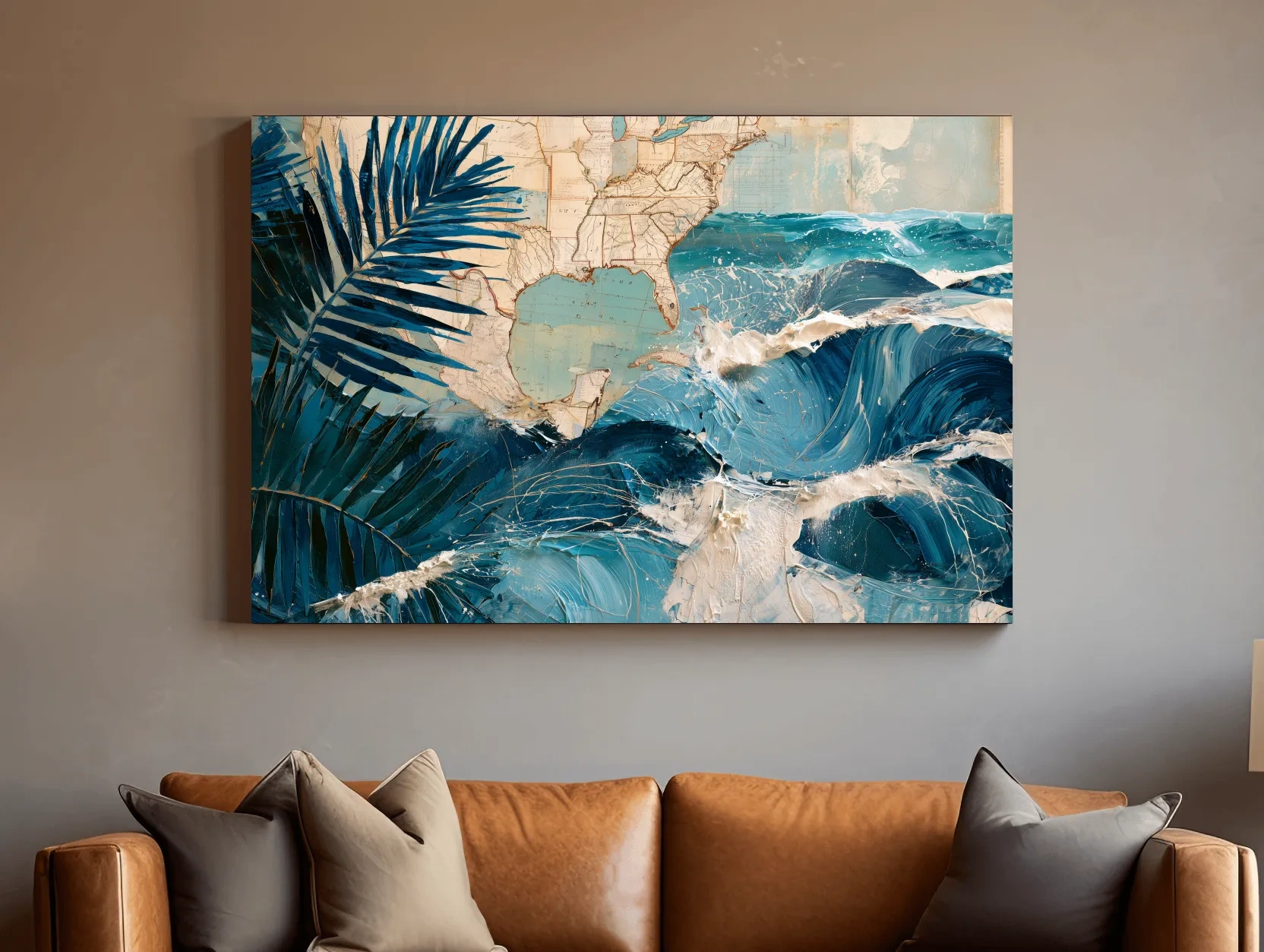 Tropical Palm Waves Map Collage - Mixed Media Ocean Wall Art