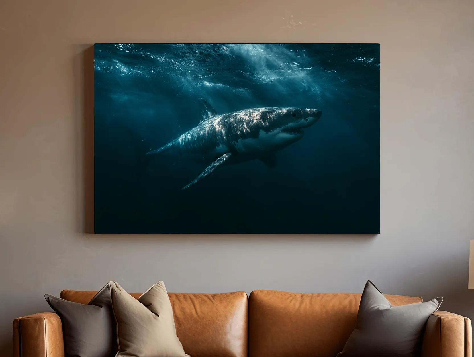 Great White Shark Underwater - Dramatic Marine Life Photographic Wall Art