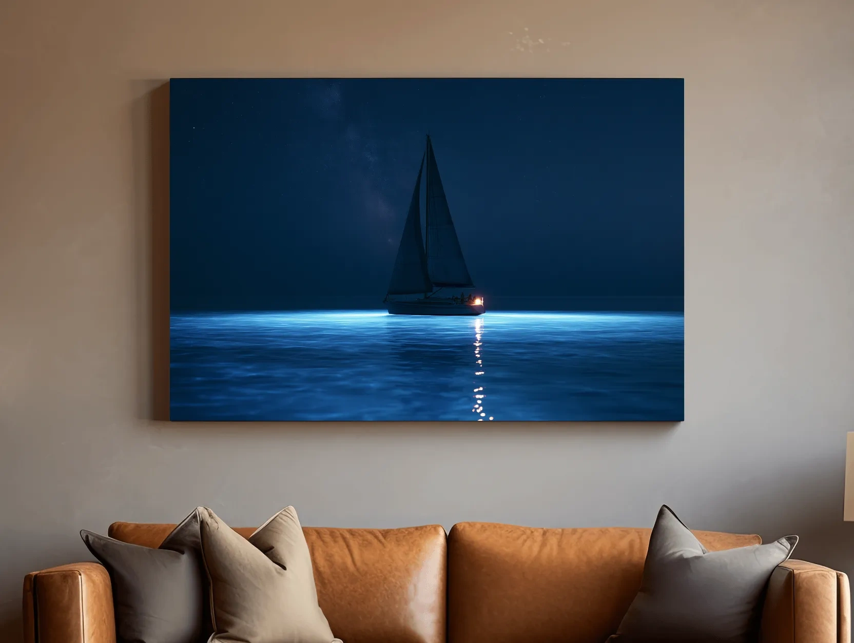 Moonlit Sailboat Silhouette - Surreal Photographic Ocean Wall Art