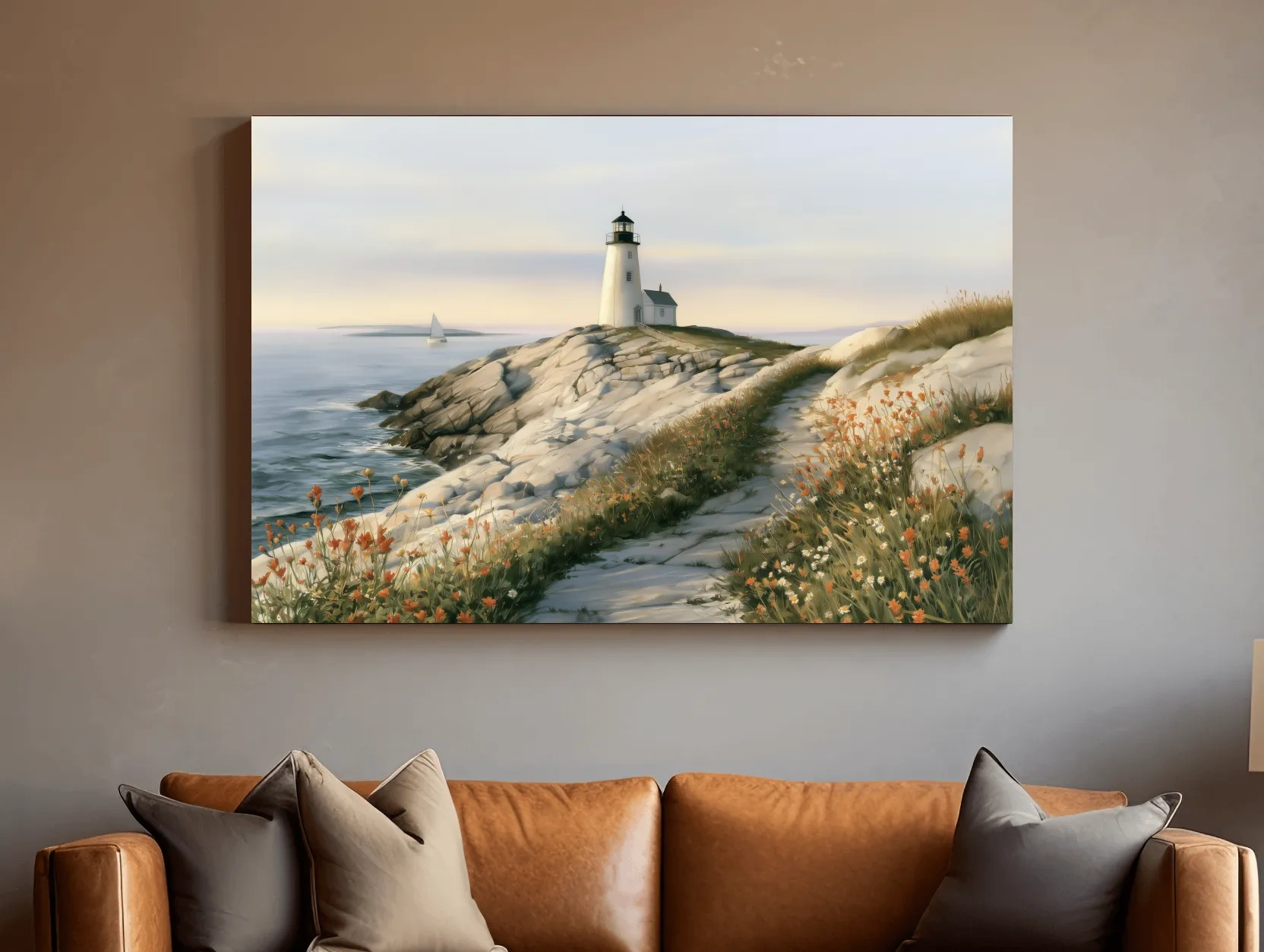 Serene Rocky Lighthouse Painting - Coastal Landscape Wall Art
