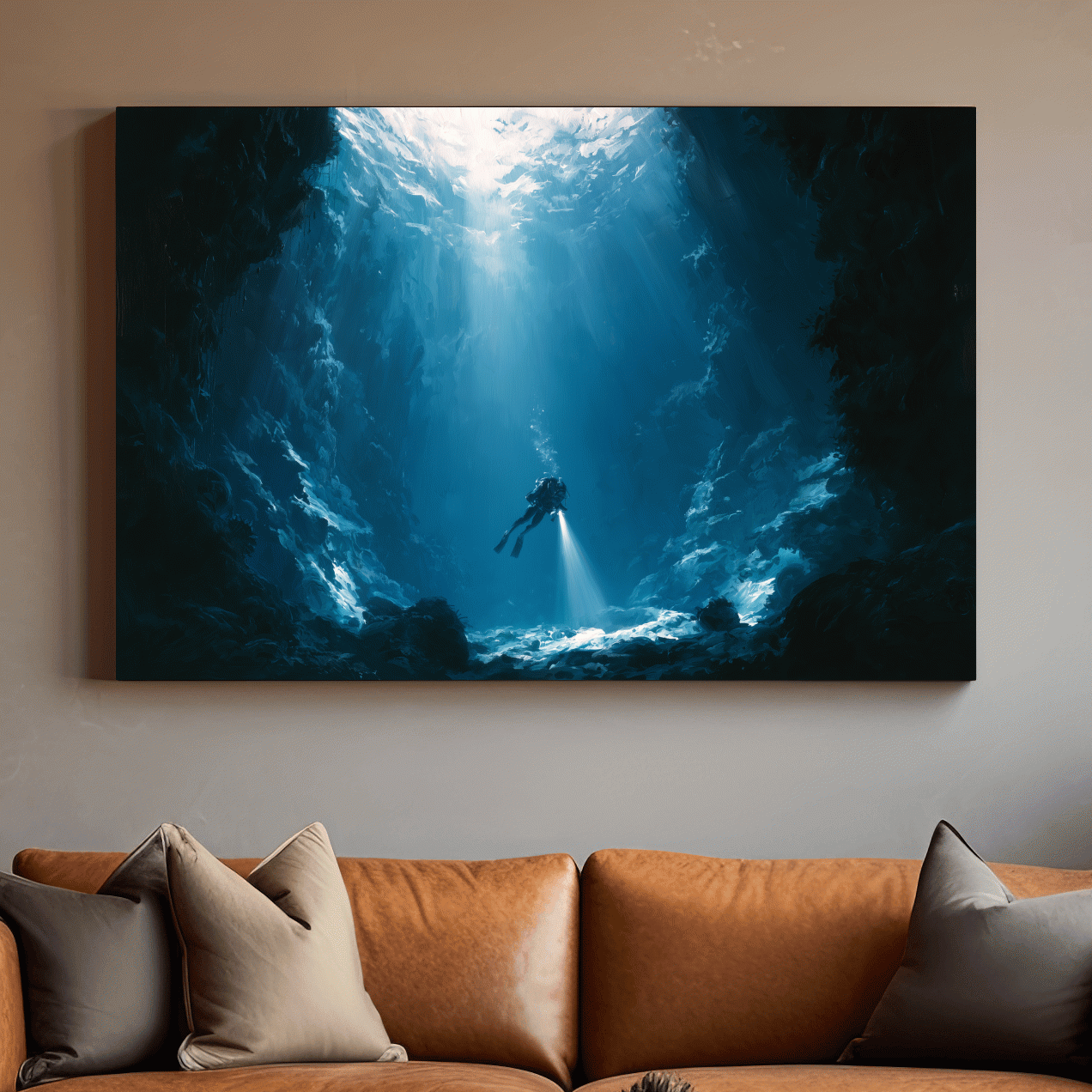 Surreal Underwater Scuba Diver Painting - Dramatic Deep Sea Wall Art