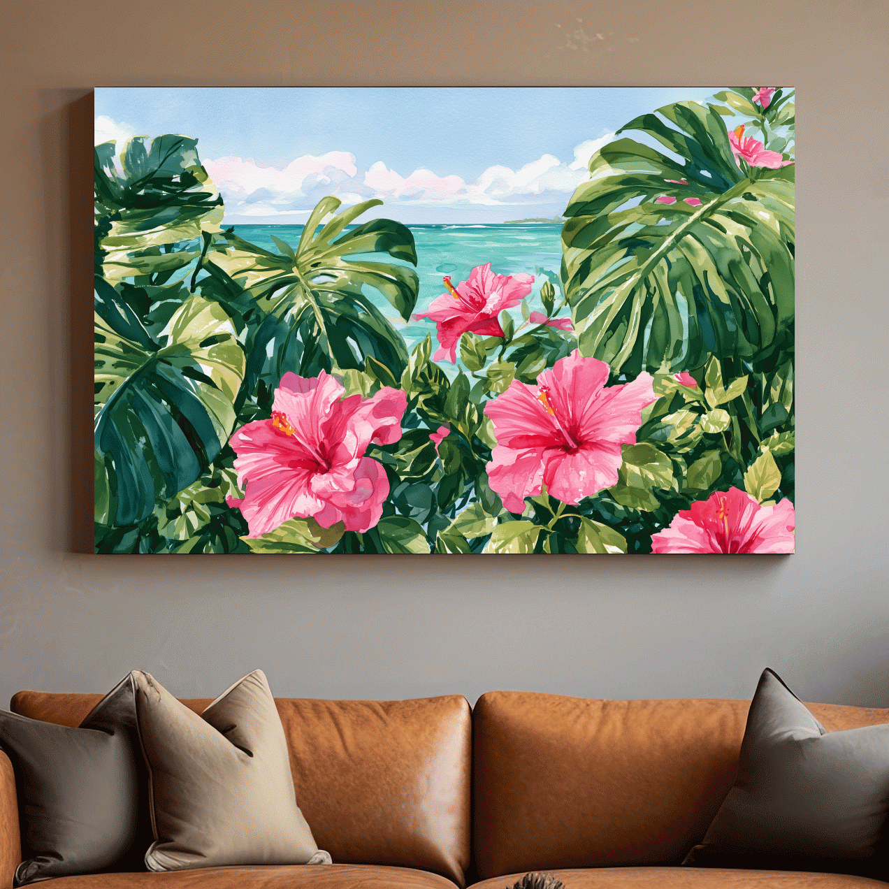 Tropical Monstera Hibiscus Watercolour - Botanical Beach Wall Art