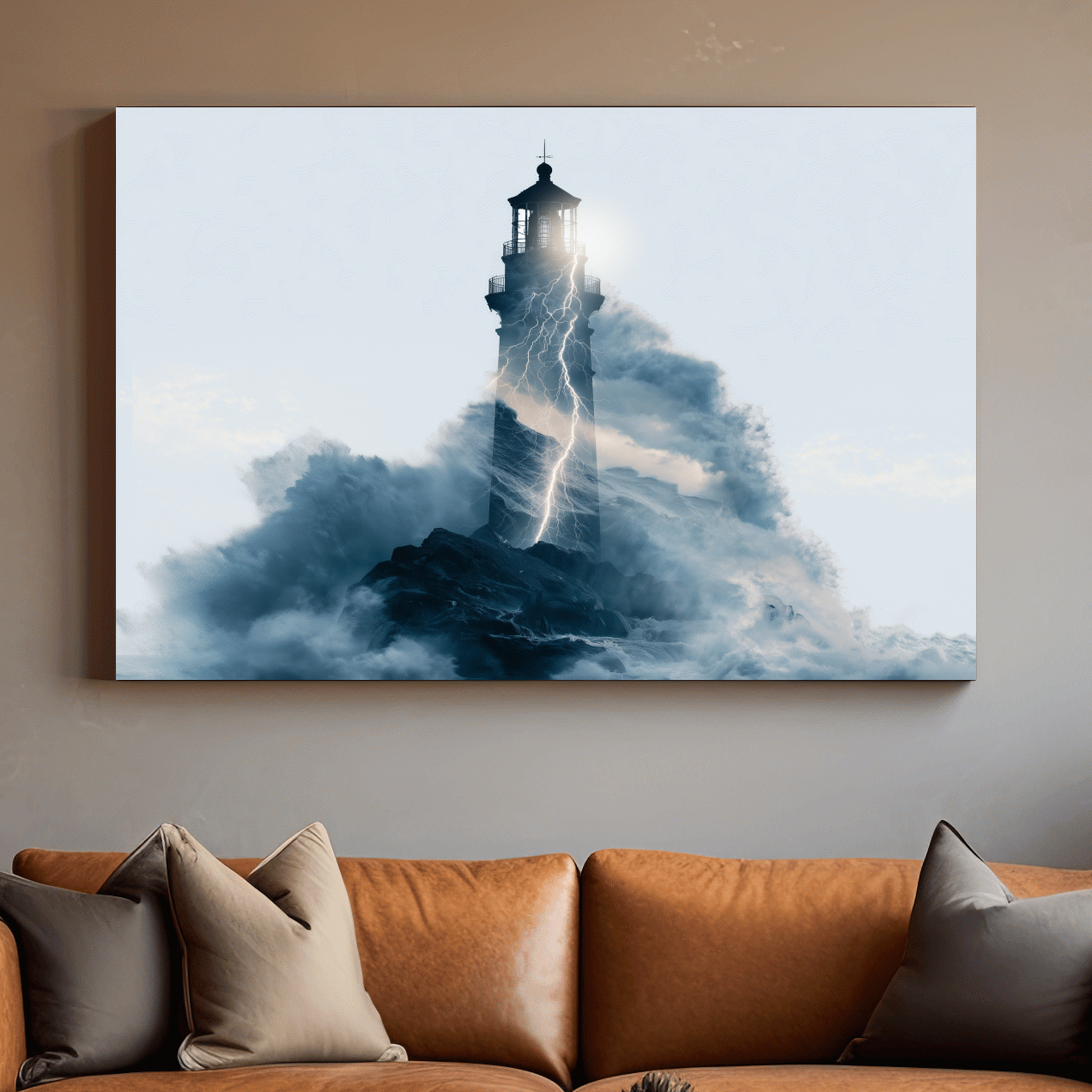 Surreal Lightning Lighthouse Double Exposure - Stormy Coastal Illustration Wall Art