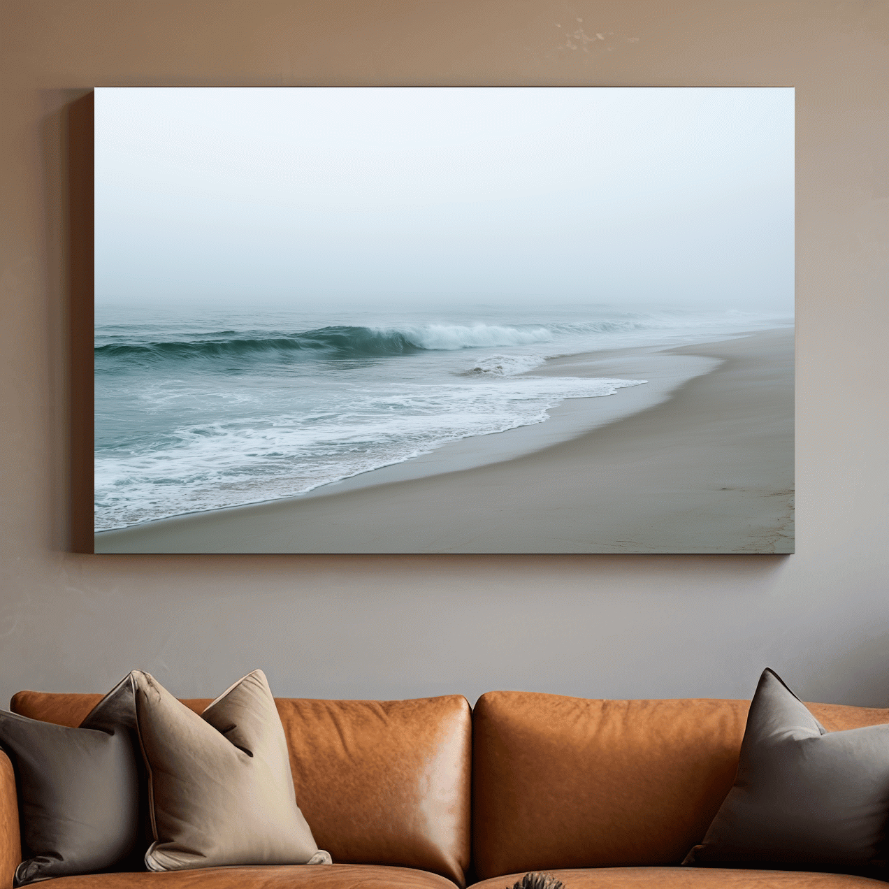 Misty Beach Waves - Minimalist Photographic Wall Art