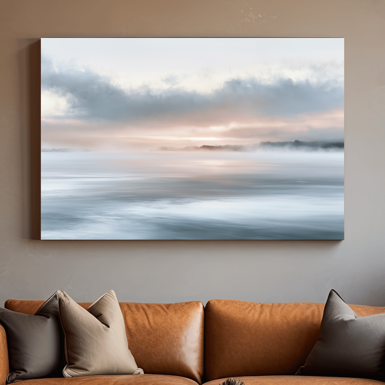 Misty Coastal Morning Painting - Minimalist Boho Seascape Wall Art