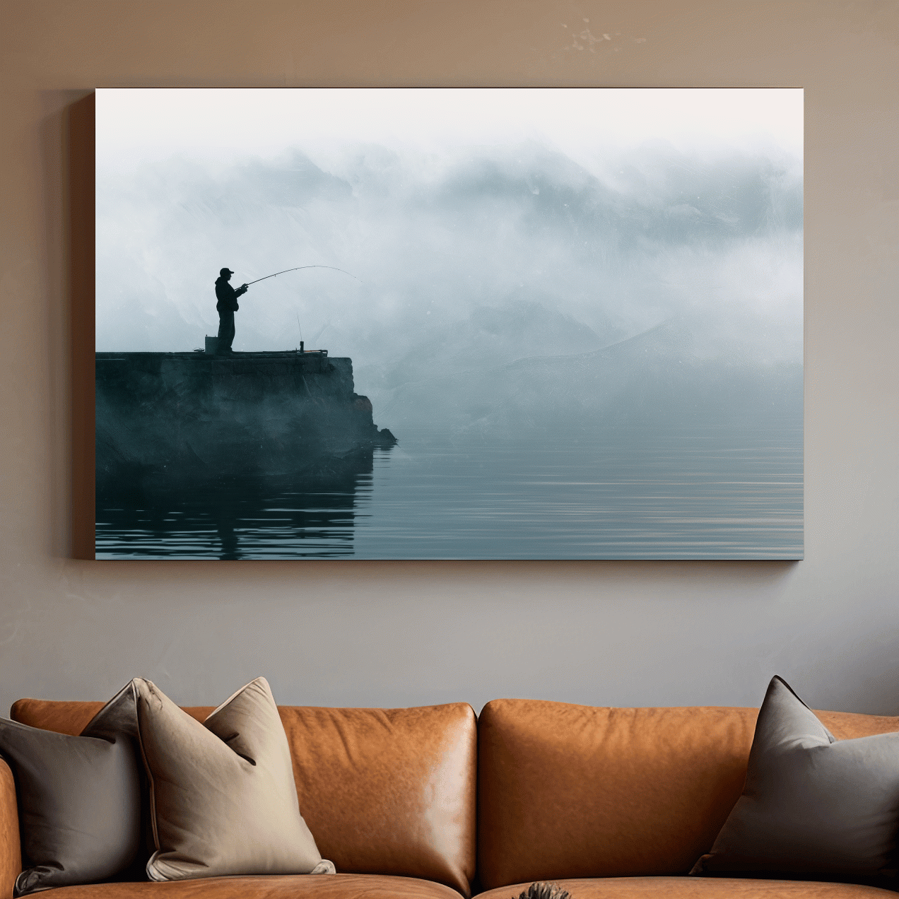 Misty Fisherman Silhouette - Minimalist Photographic Wall Art