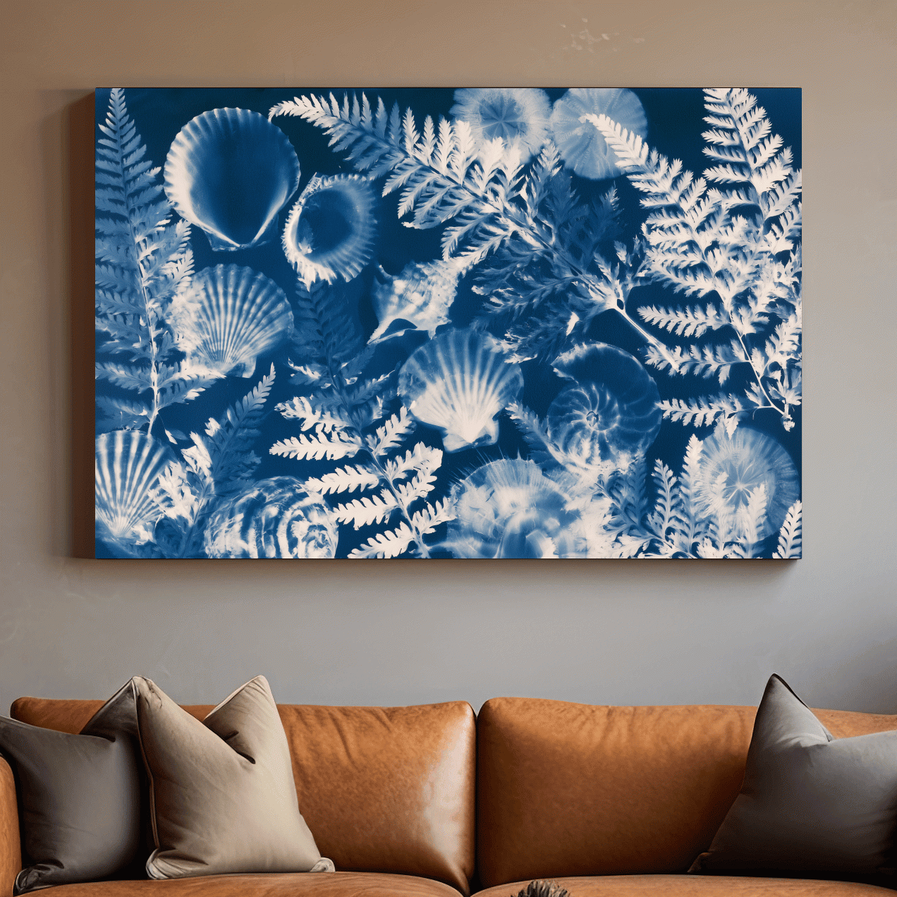 Cyanotype Seashell And Fern Illustration - Hamptons Tropical Wall Art