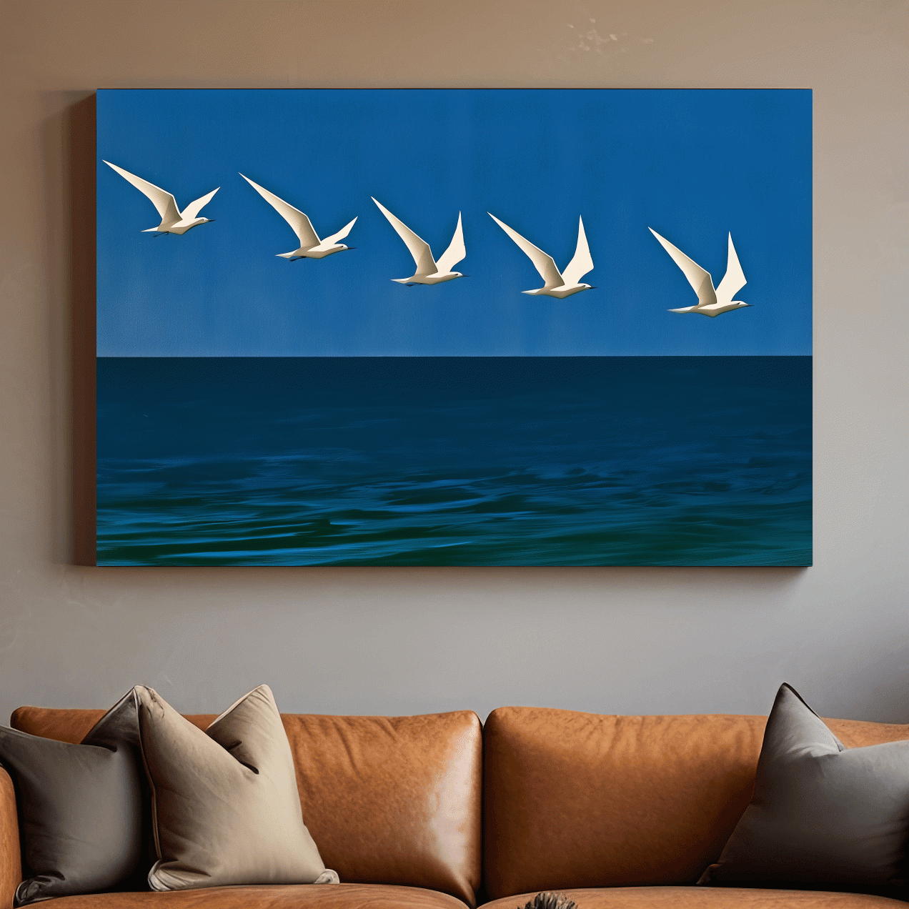 Mid-Century Seagull Flight - Minimalist Ocean Illustration Wall Art