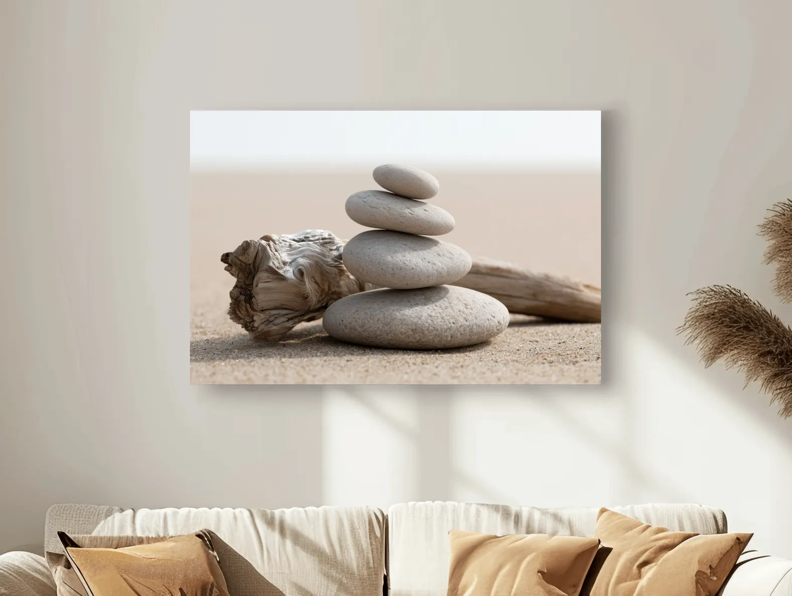 Balanced Pebble Cairn With Driftwood - Minimalist Beach Photographic Wall Art