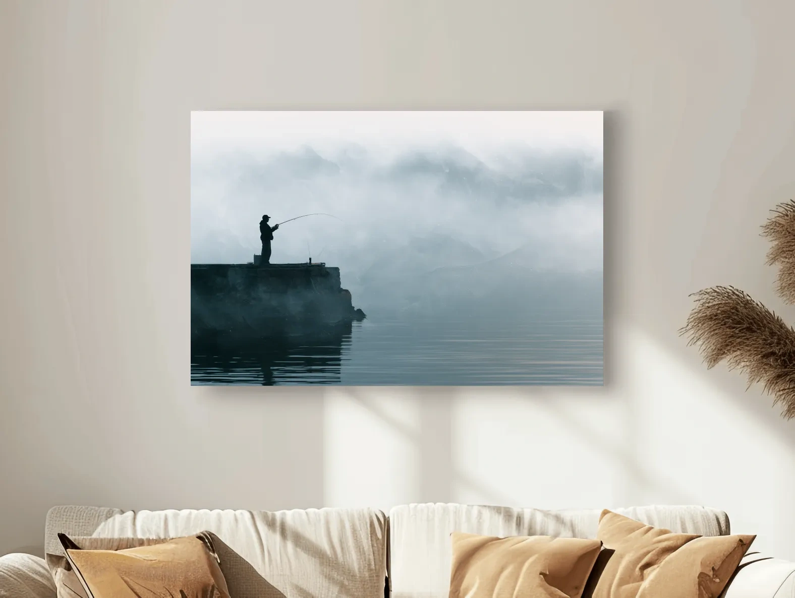 Misty Fisherman Silhouette - Minimalist Photographic Wall Art