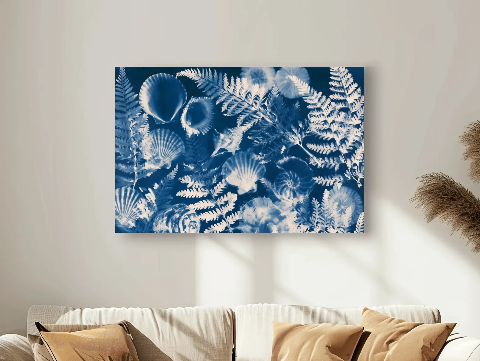 Cyanotype Seashell And Fern Illustration - Hamptons Tropical Wall Art