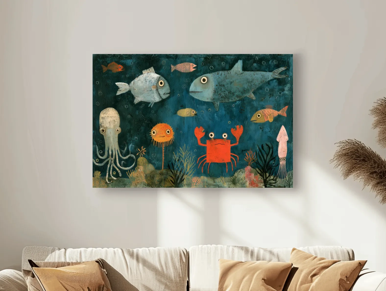 Whimsical Folk Art Marine Life Painting - Underwater Nursery Wall Art
