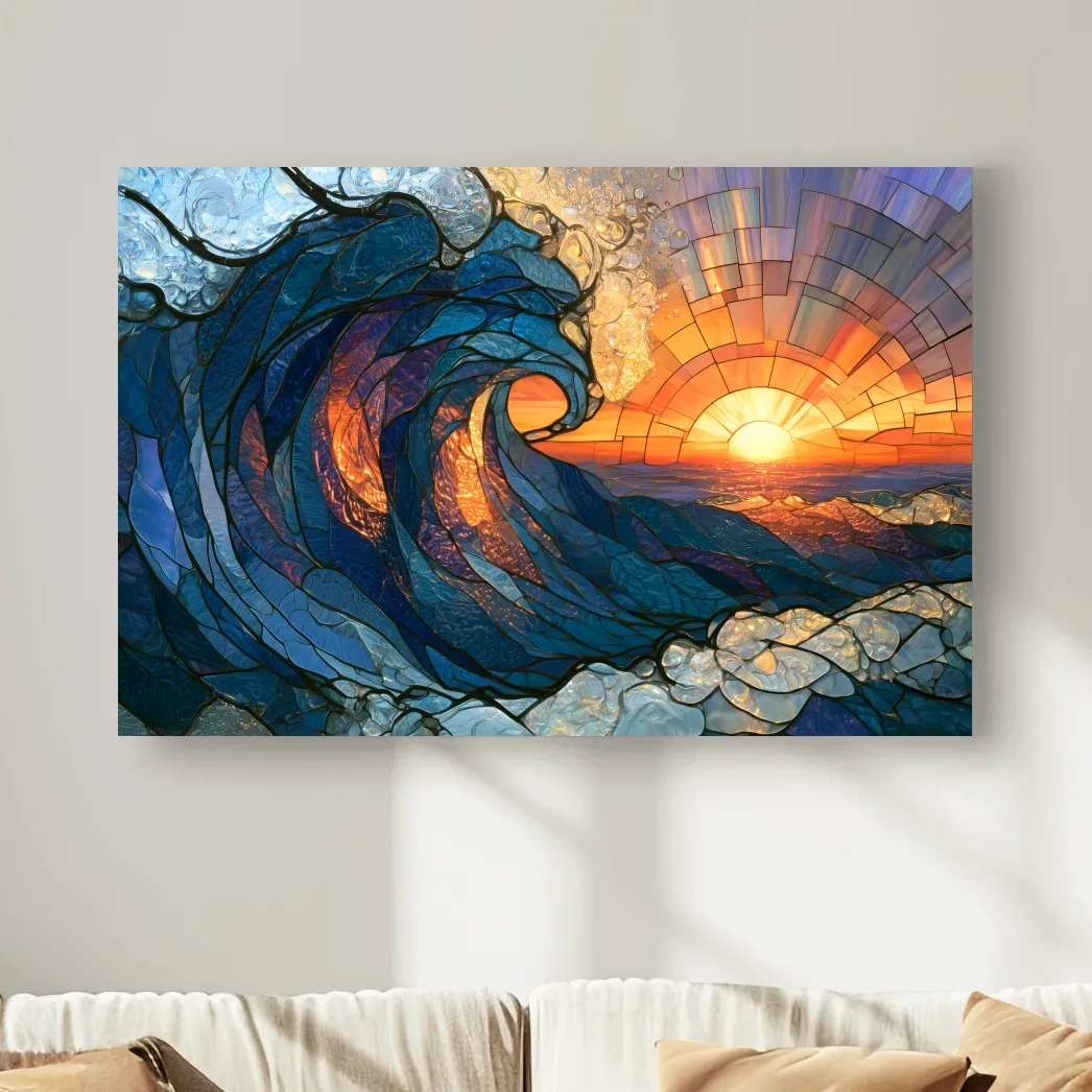 Stained Glass Crashing Wave Sunset - Mosaic Ocean Wall Art