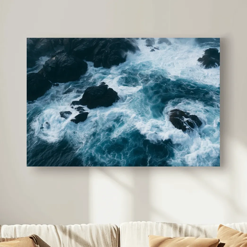 Aerial Crashing Waves Over Rocky Coast - Dramatic Photographic Wall Art