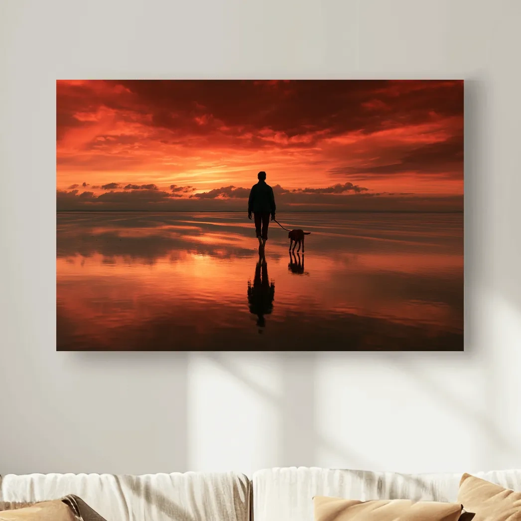 Sunset Beach Walker With Dog - Surreal Photographic Wall Art