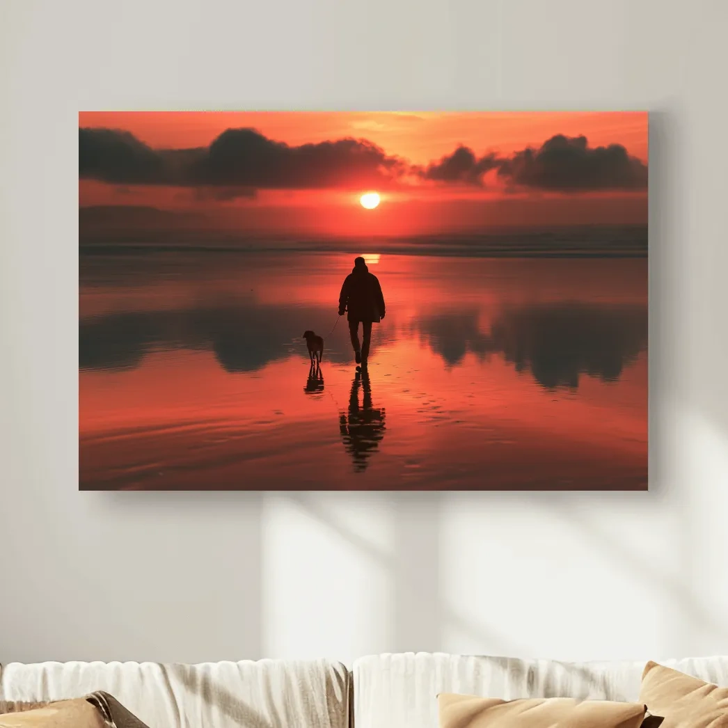 Surreal Dog Walker Silhouette - Misty Beach Sunset Photographic Wall Art