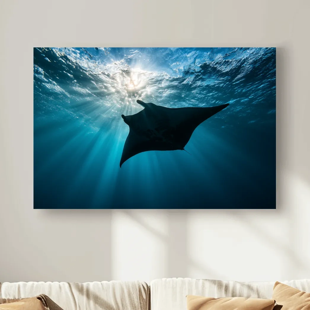 Majestic Manta Ray Silhouette - Sunlit Underwater Photographic Art