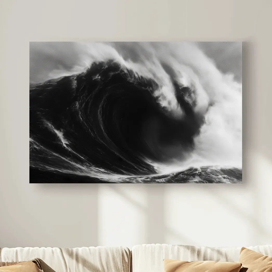 Abstract Monochrome Crashing Wave Drawing - Dramatic Ocean Wall Art