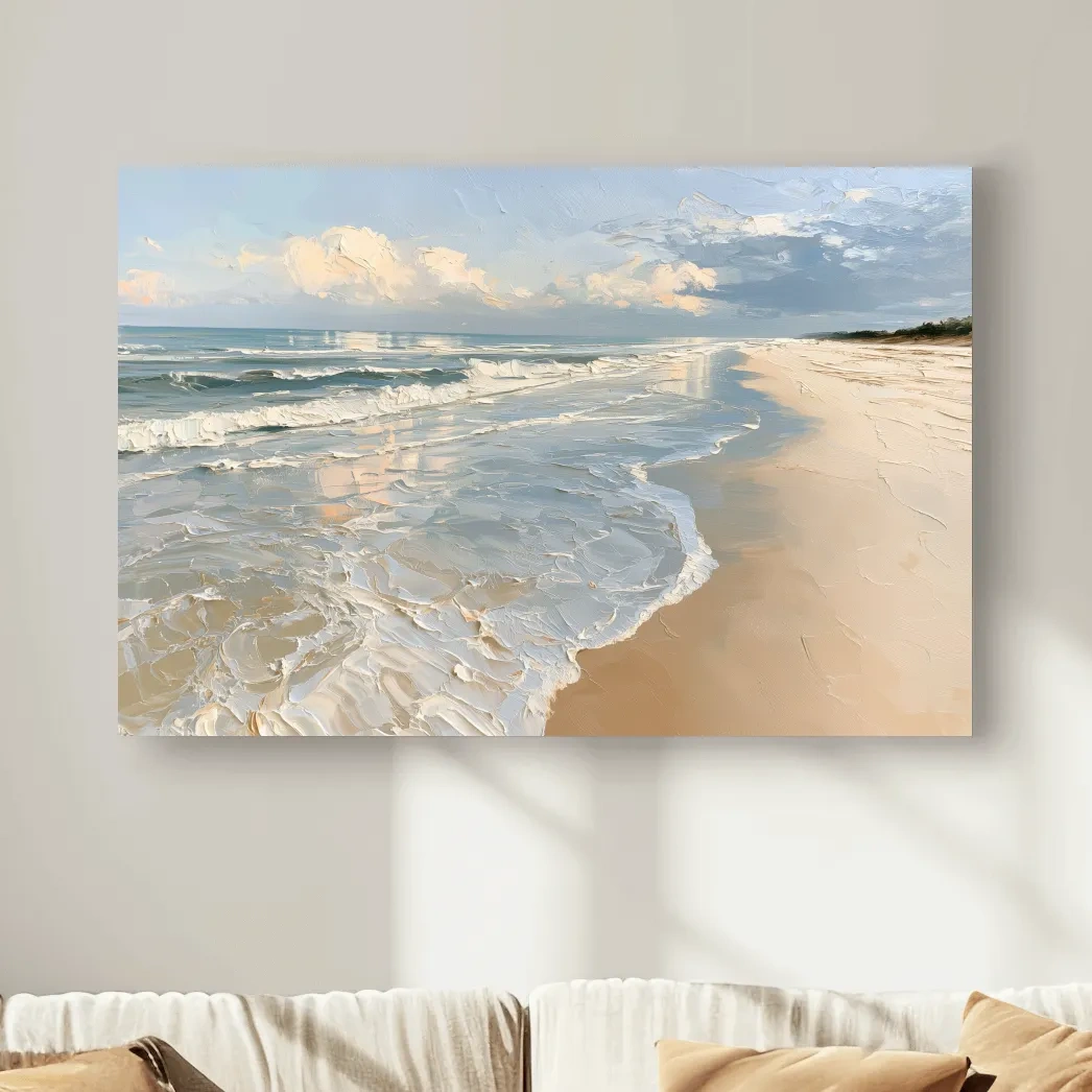 Serene Sandy Beach Seascape - Impasto Style Coastal Wall Art