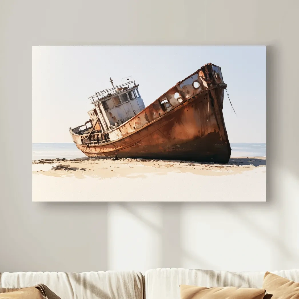 Rustic Shipwreck Watercolour Painting - Weathered Beach Nautical Wall Art