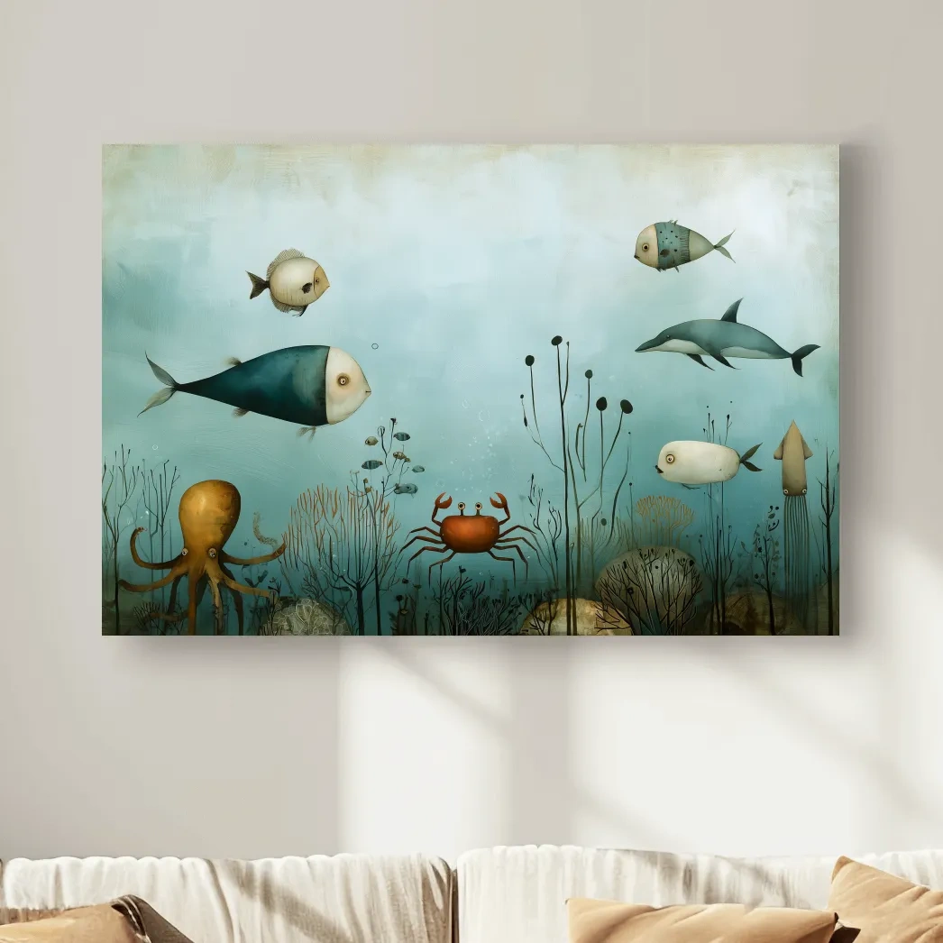 Whimsical Underwater Marine Life Painting - Fish Dolphin Octopus Crab Wall Art