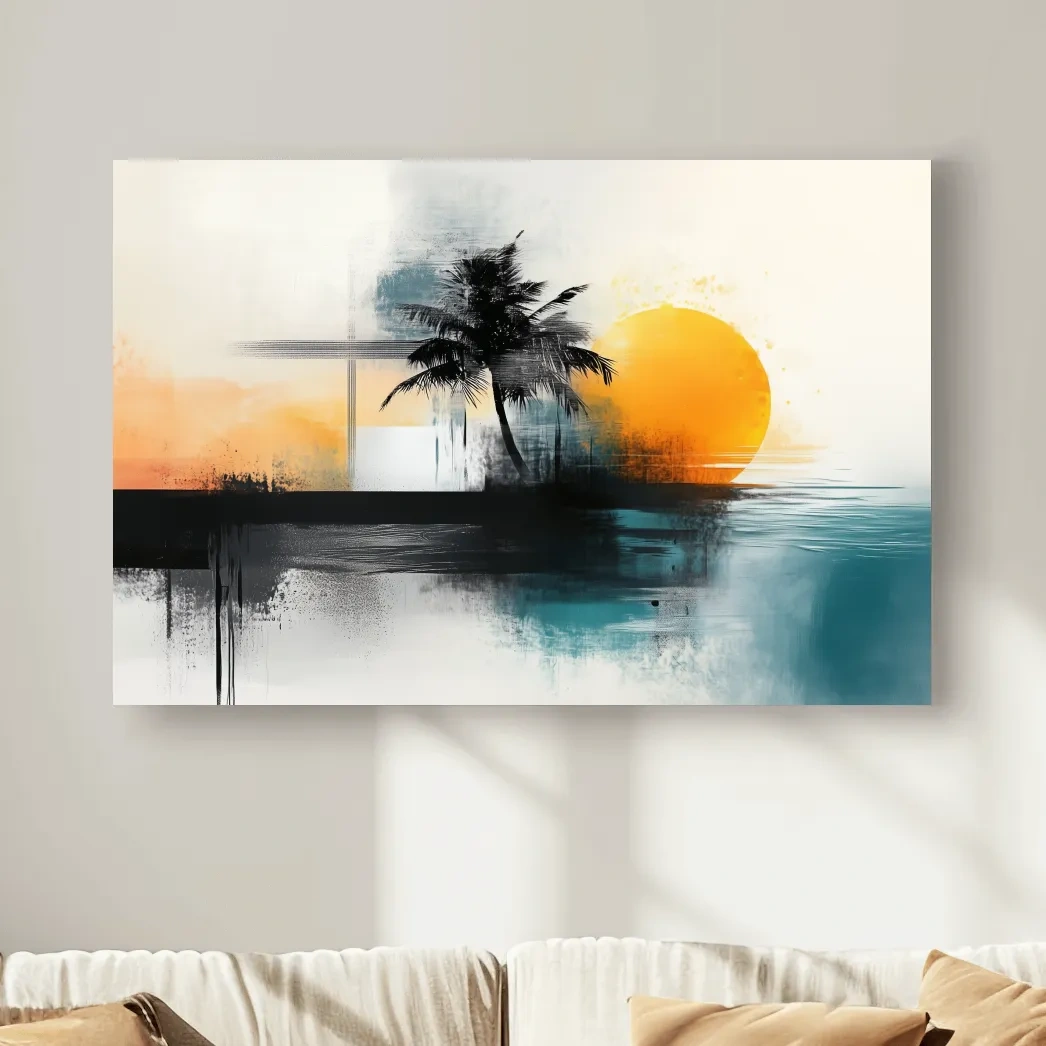 Abstract Tropical Palm Sunset Painting - Beach Horizon Wall Art