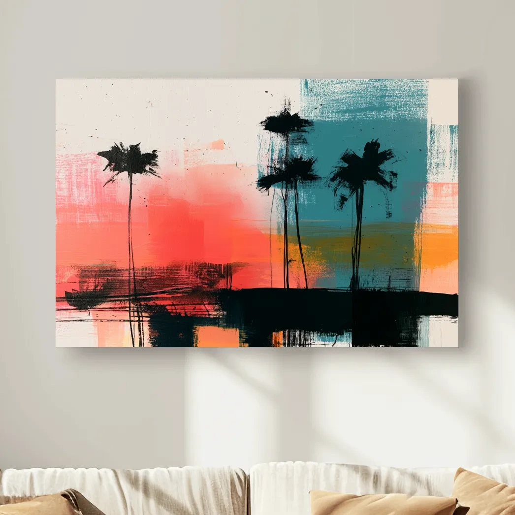 Abstract Tropical Palm Silhouette Painting - Modern Sunset Wall Art
