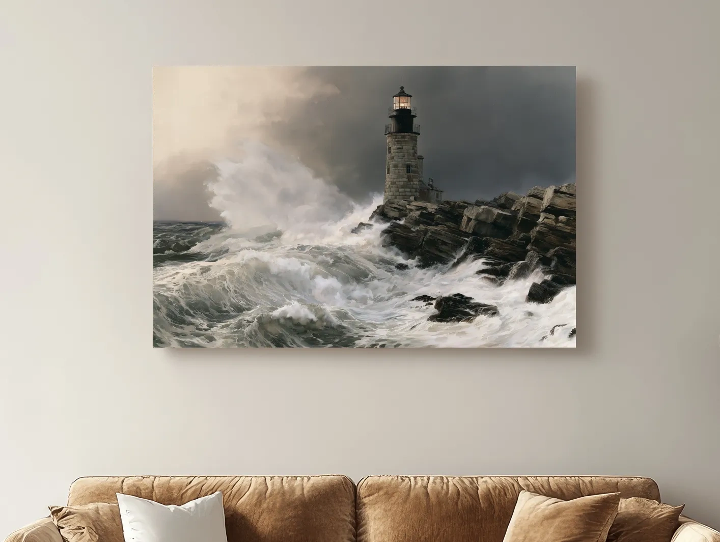 Stormy Lighthouse Seascape Painting - Dramatic Waves Wall Art
