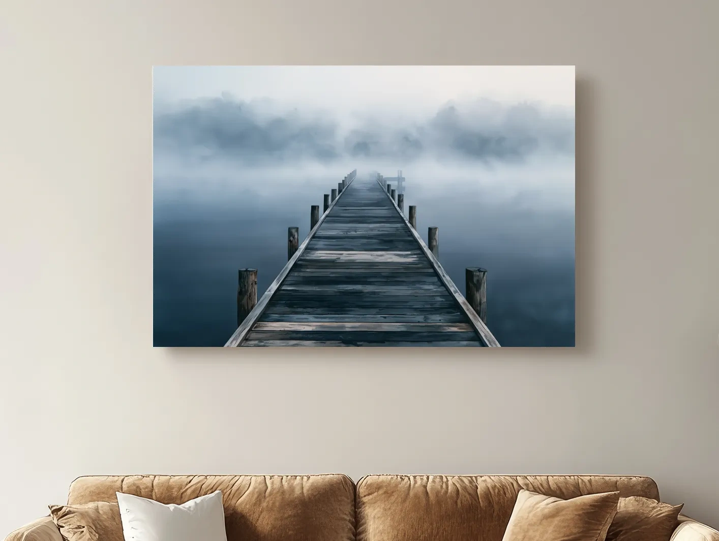 Misty Lake Pier Landscape - Moody Watercolour Ocean Art