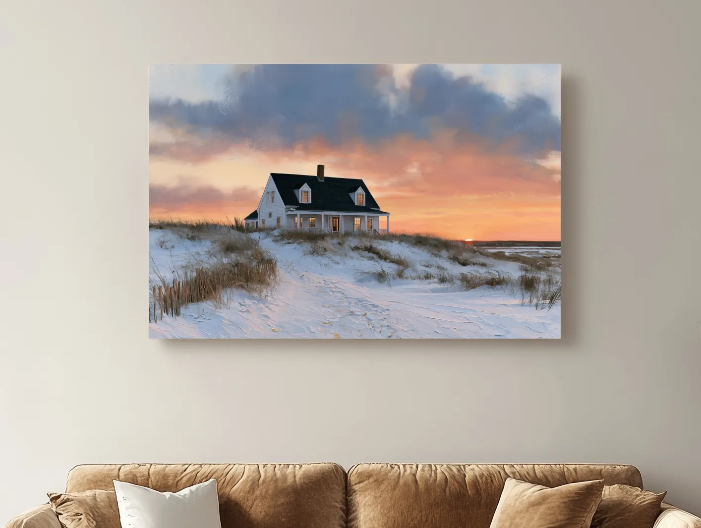 Beach House Sunset Dunes - Coastal Landscape Painting Wall Art