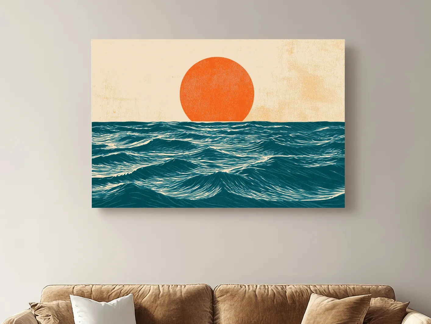 Mid-Century Ocean Sunrise Illustration - Minimalist Wave Wall Art