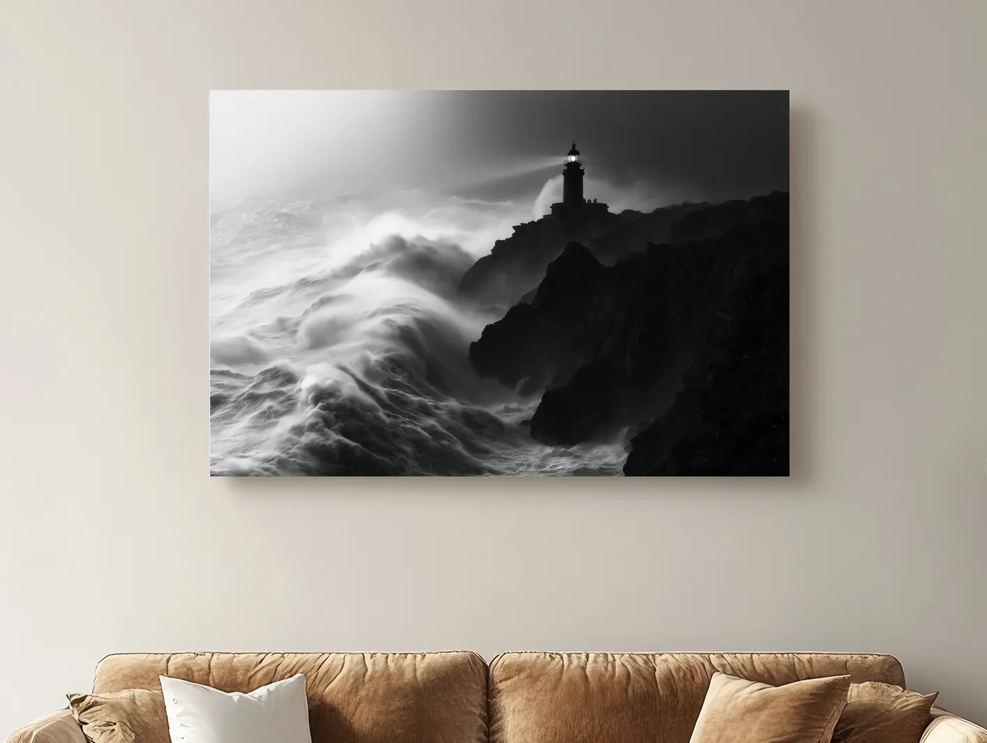 Misty Lighthouse Storm Waves - Black And White Photographic Wall Art