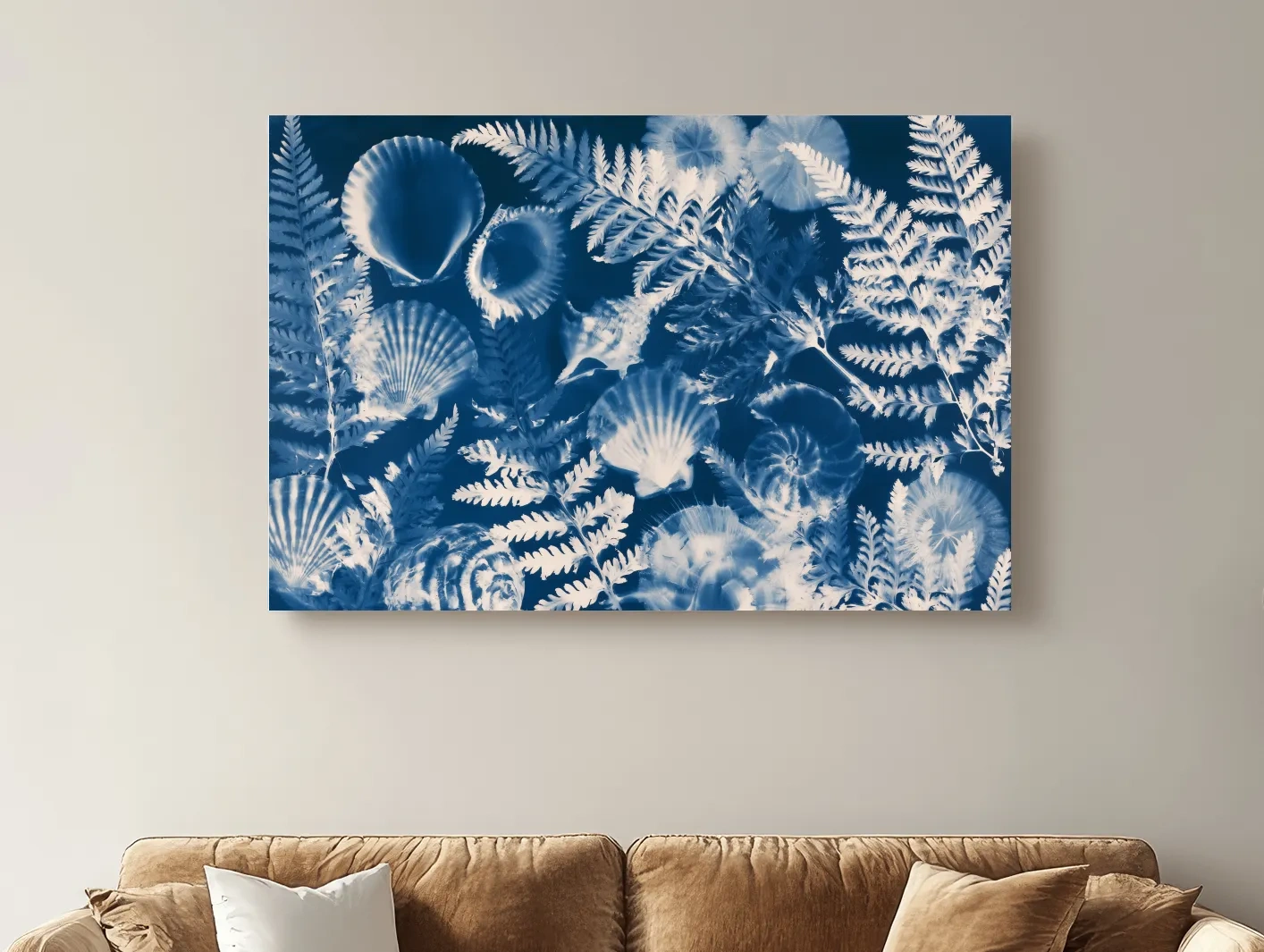Cyanotype Seashell And Fern Illustration - Hamptons Tropical Wall Art