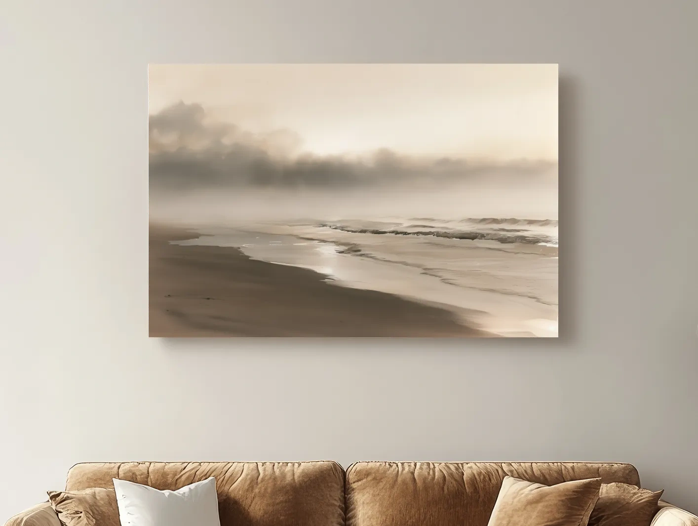 Misty Morning Beach Watercolour - Minimalist Boho Landscape Art