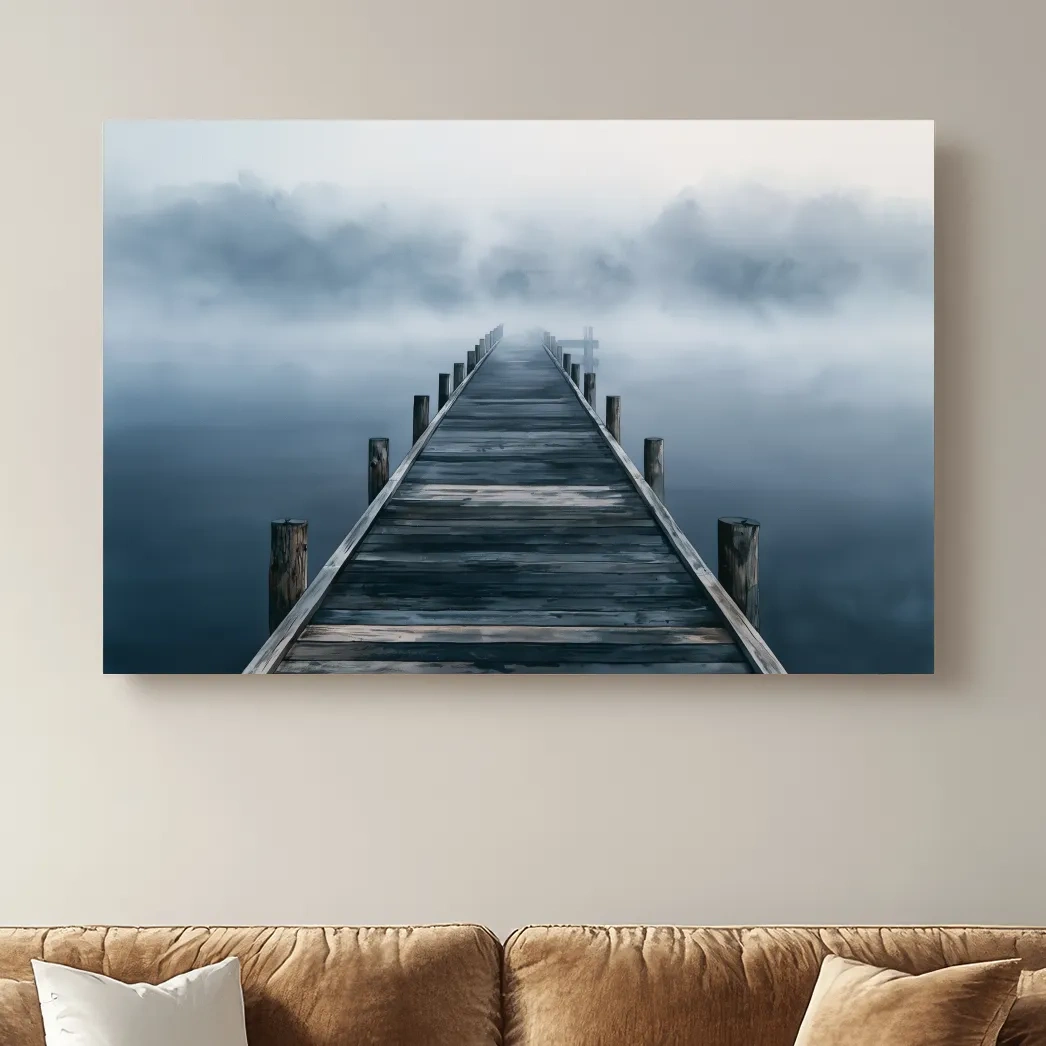 Misty Lake Pier Landscape - Moody Watercolour Ocean Art