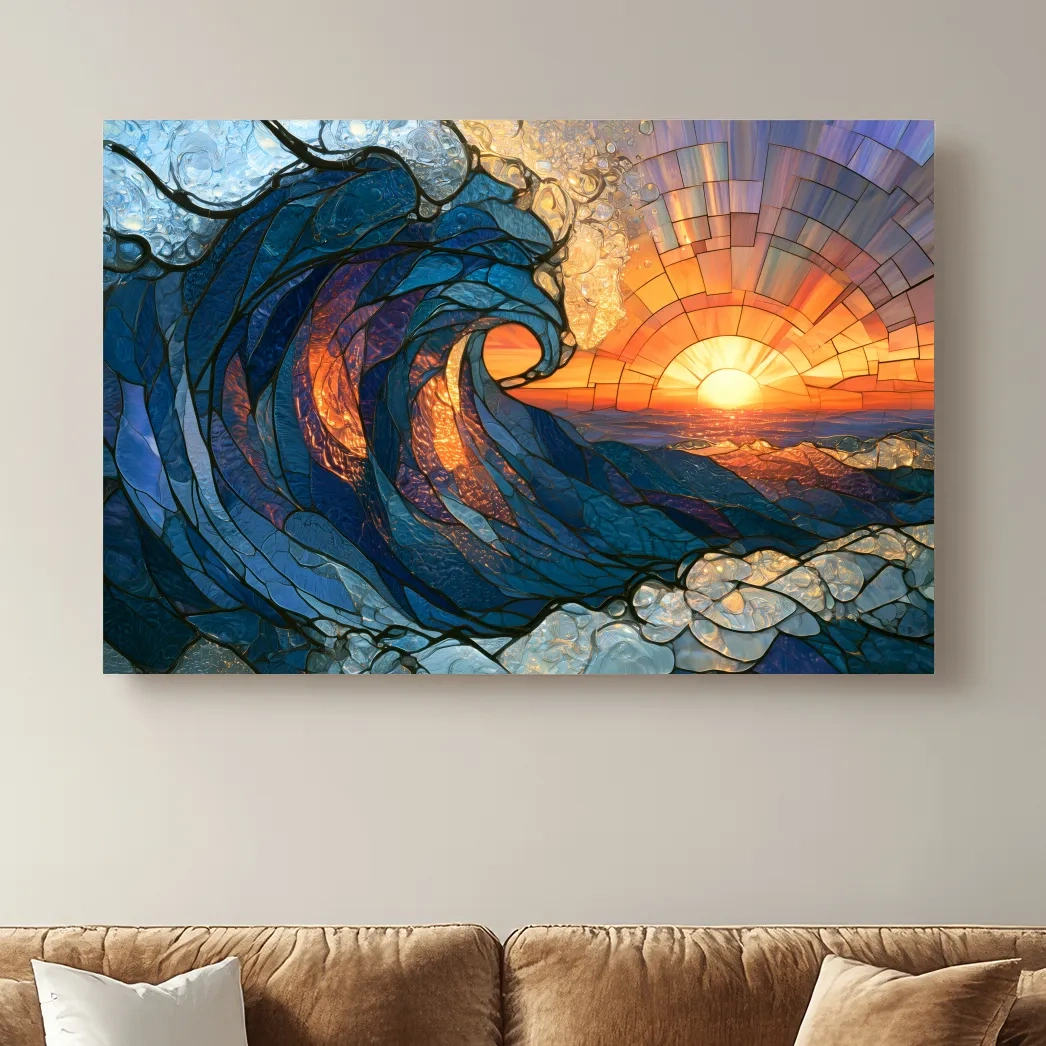 Stained Glass Crashing Wave Sunset - Mosaic Ocean Wall Art