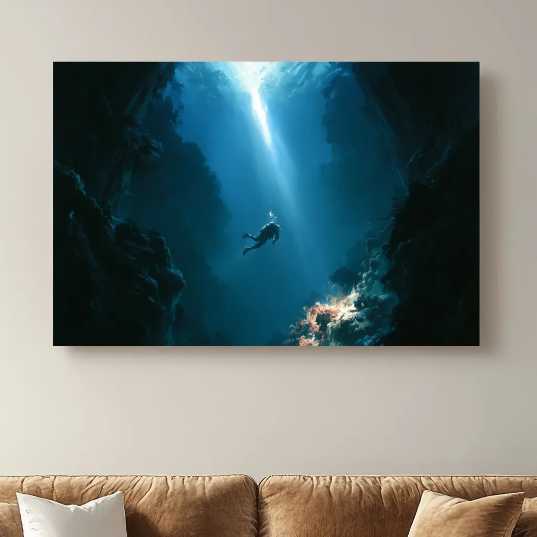 Surreal Underwater Scuba Diver Painting - Dramatic Deep Sea Wall Art