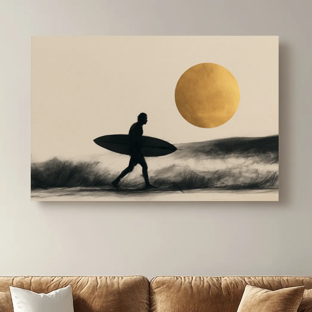Surfer Silhouette Drawing - Golden Sunset Beach Wall Art