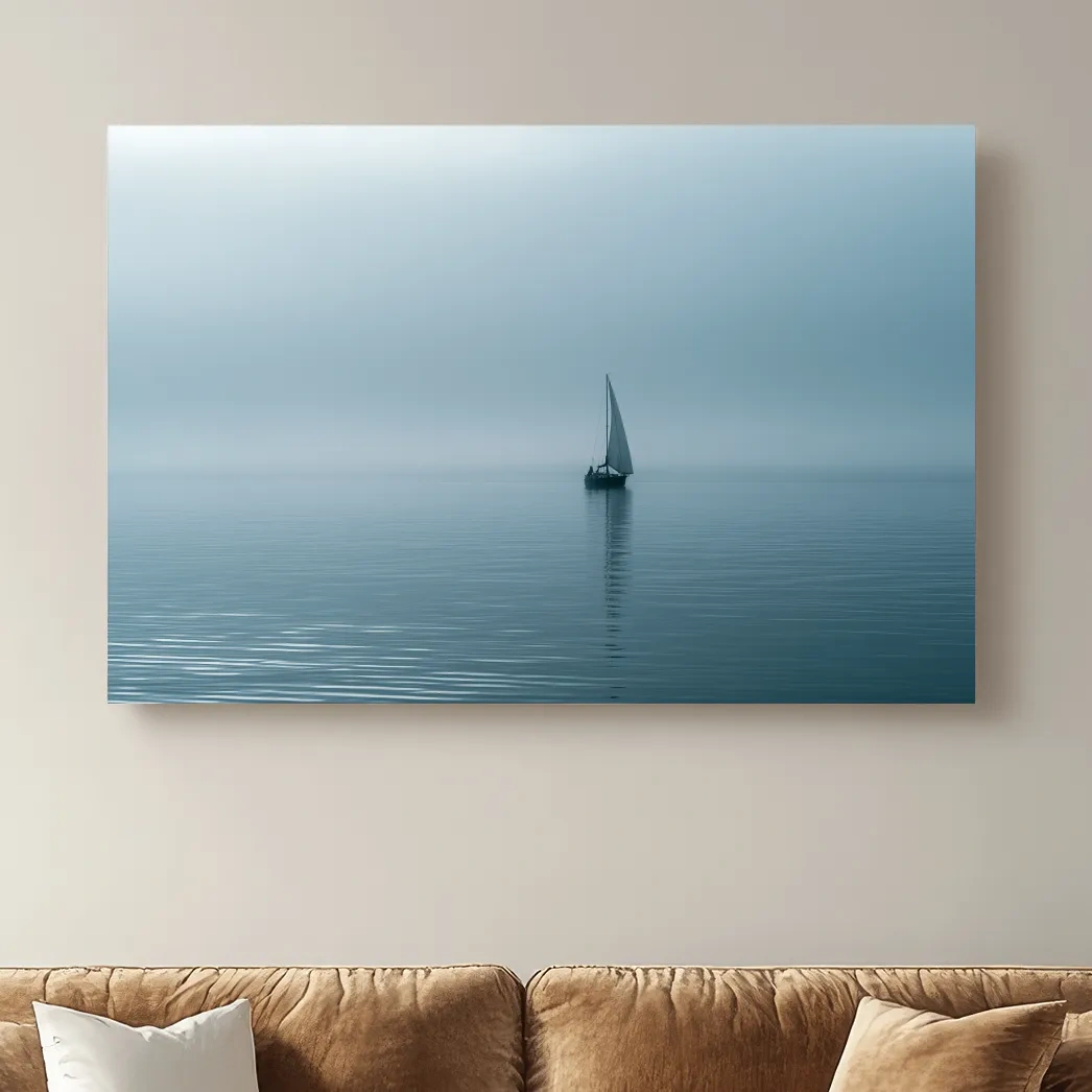 Misty Sailboat Horizon - Minimalist Photographic Ocean Wall Art