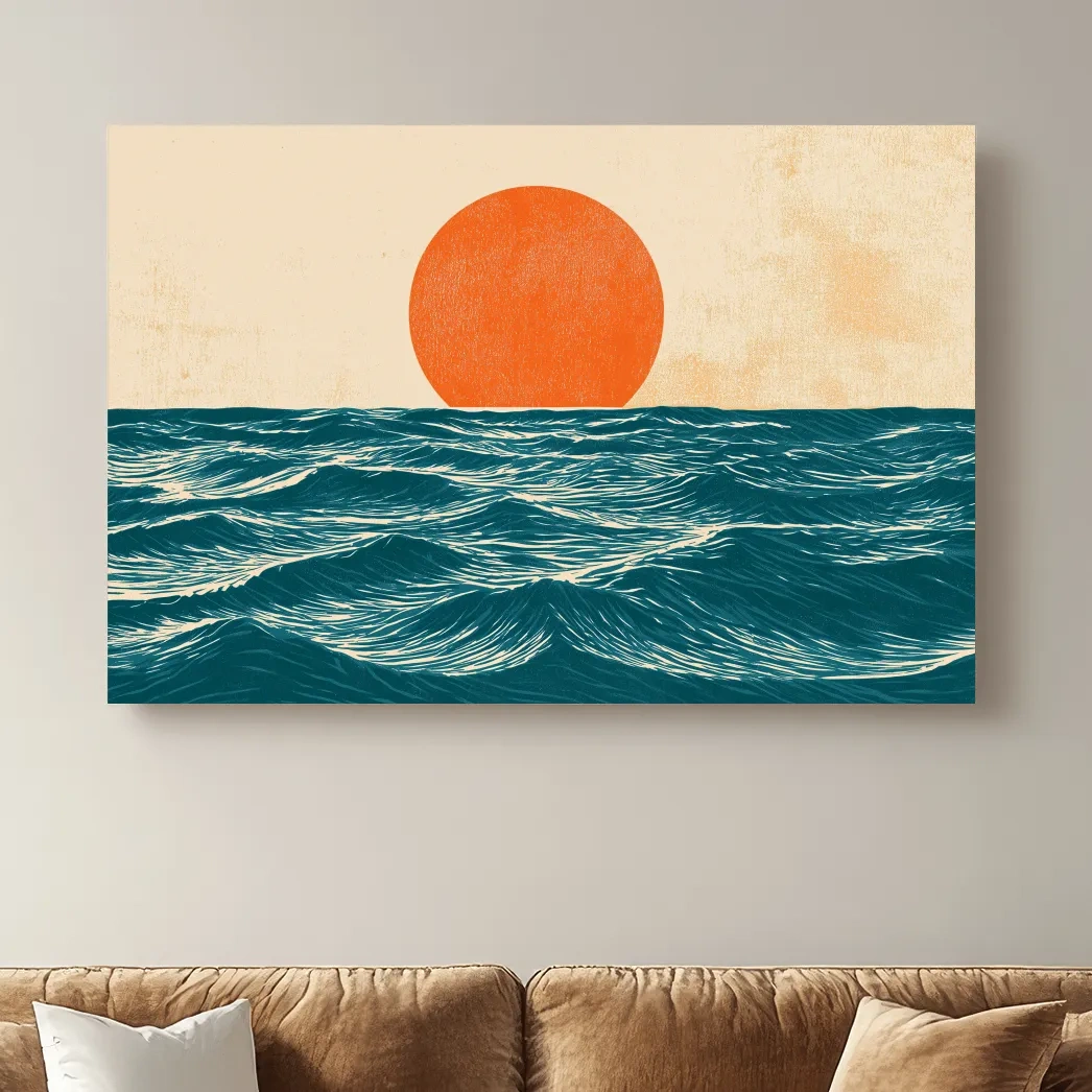 Mid-Century Ocean Sunrise Illustration - Minimalist Wave Wall Art