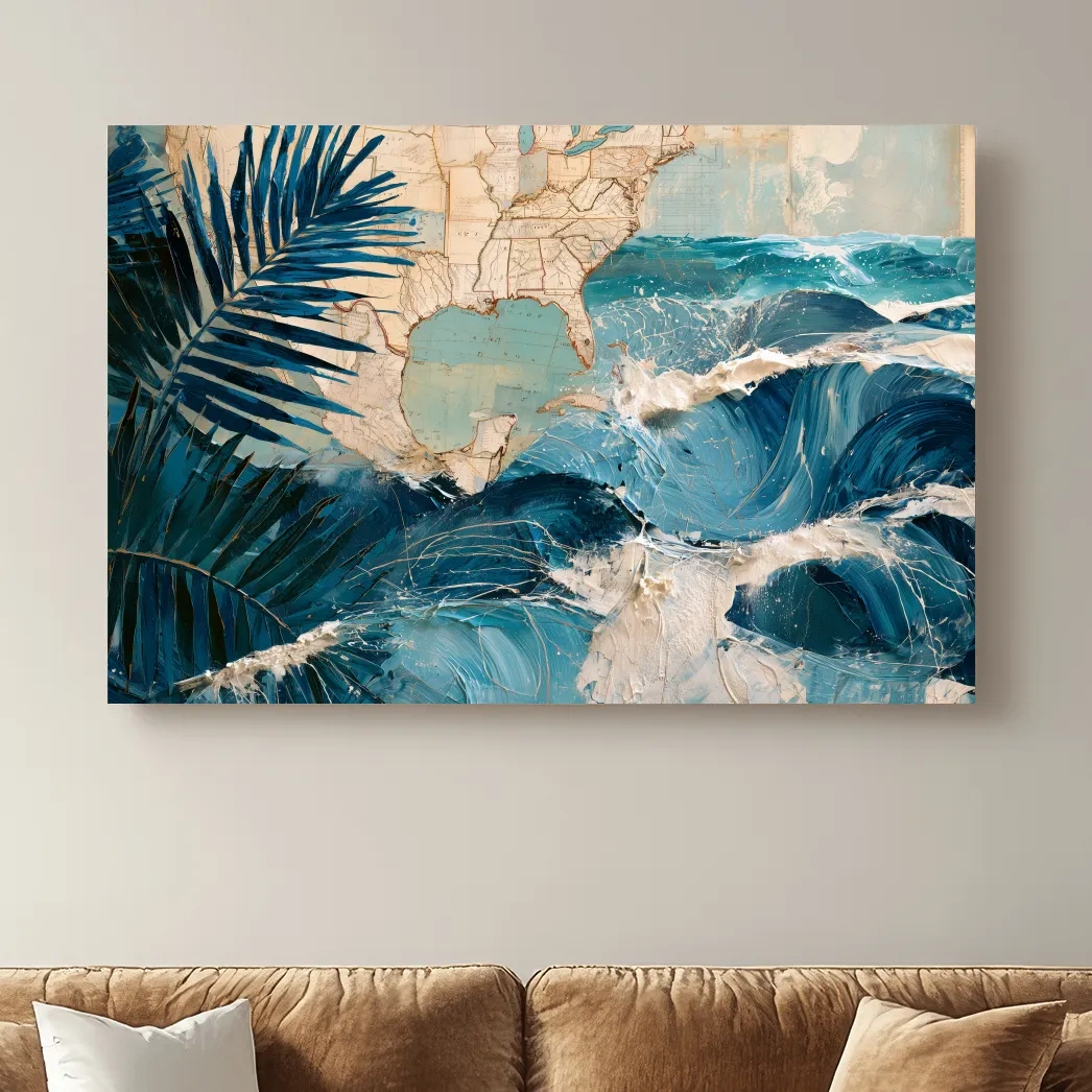 Tropical Palm Waves Map Collage - Mixed Media Ocean Wall Art