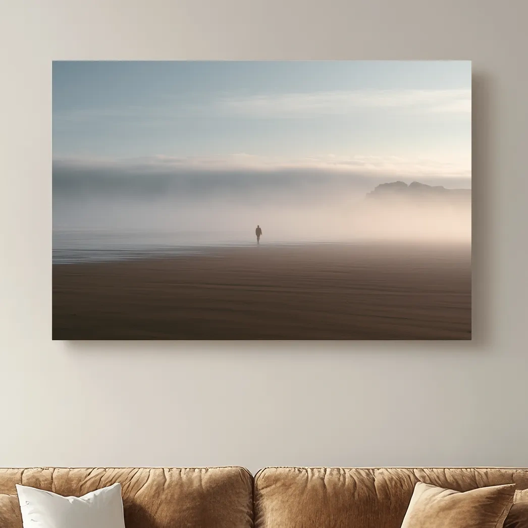 Misty Solitary Beach Walker - Minimalist Photographic Wall Art