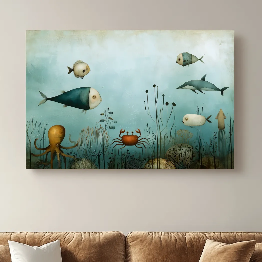 Whimsical Underwater Marine Life Painting - Fish Dolphin Octopus Crab Wall Art