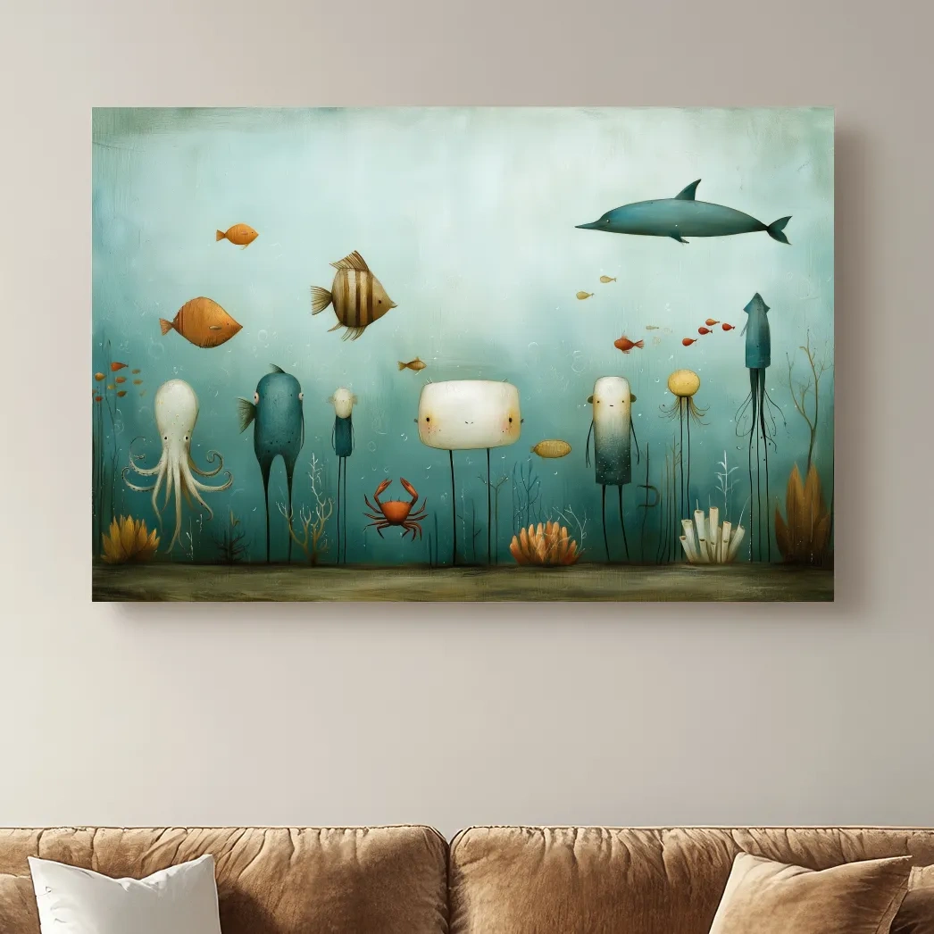 Whimsical Underwater Marine Life Painting - Quirky Folk Art