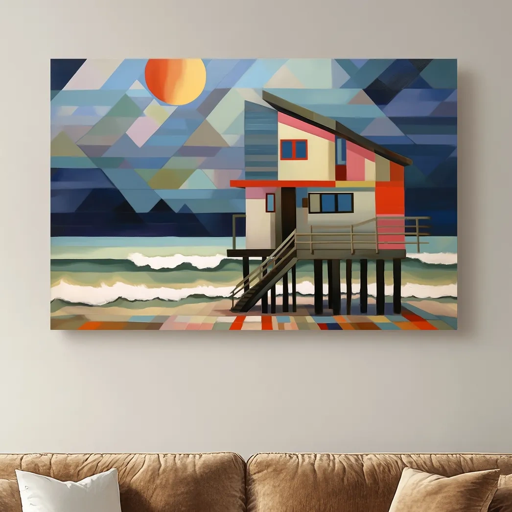 Geometric Beach House Painting - Abstract Coastal Wall Art