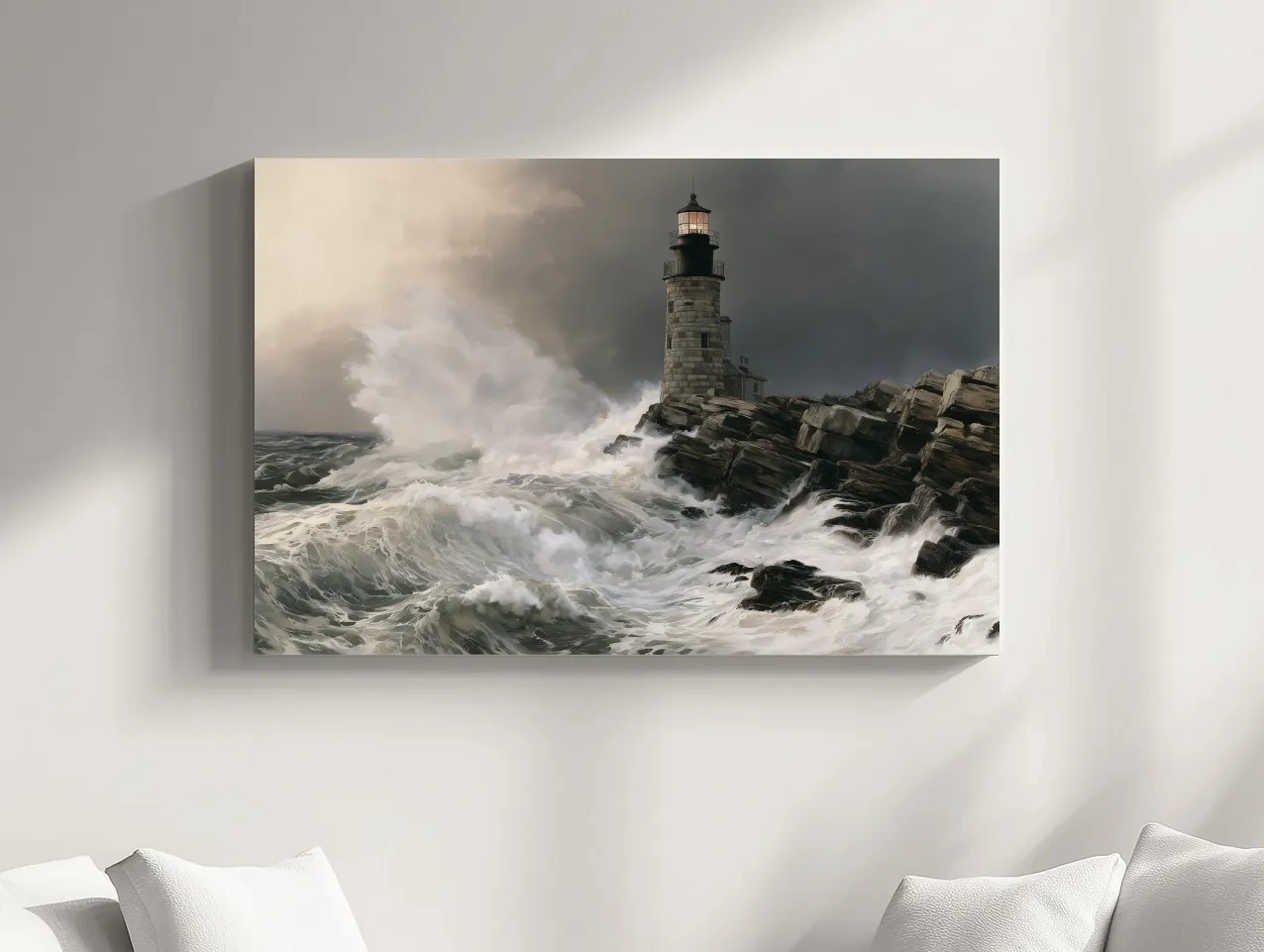 Stormy Lighthouse Seascape Painting - Dramatic Waves Wall Art