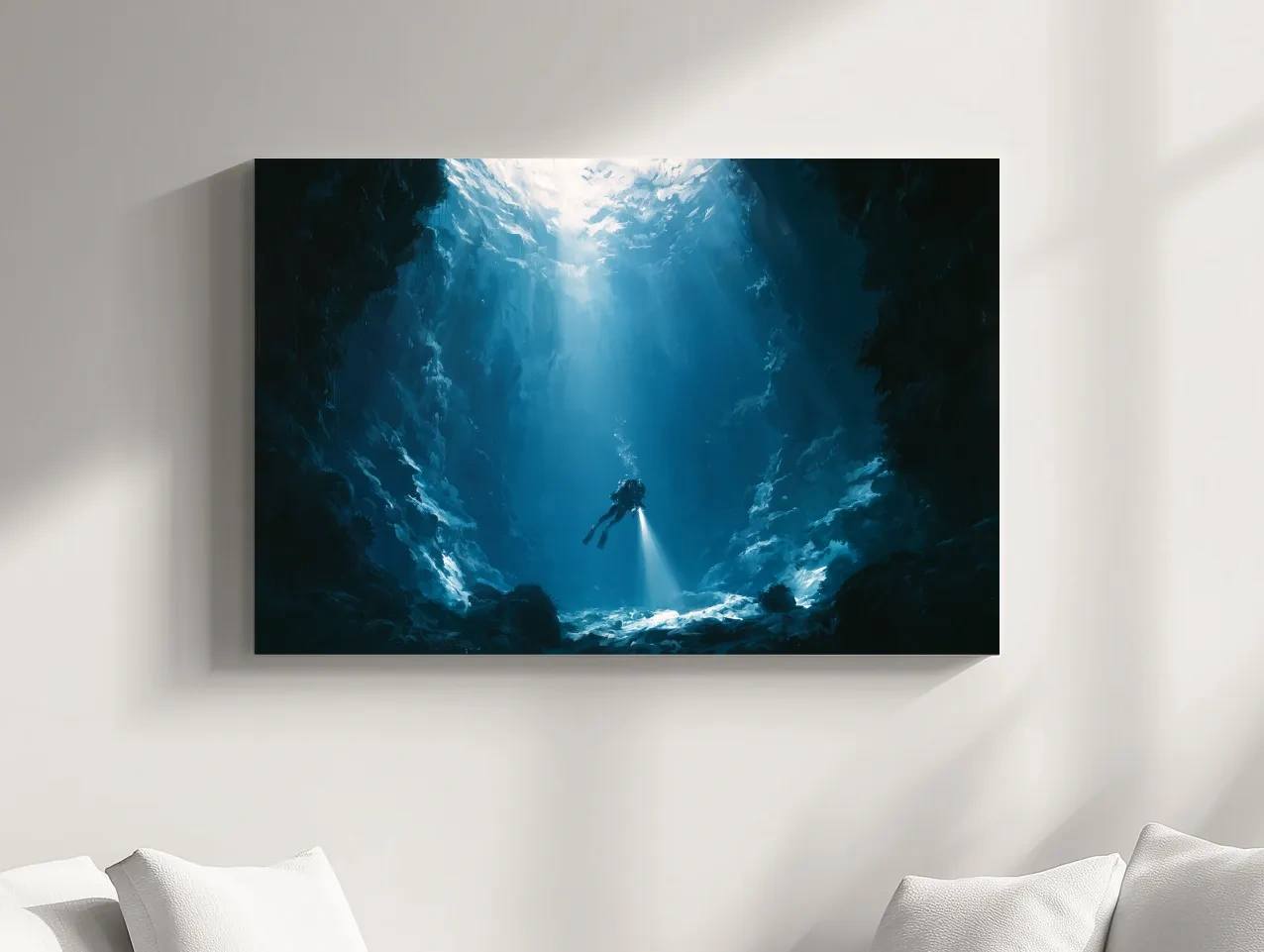 Surreal Underwater Scuba Diver Painting - Dramatic Deep Sea Wall Art